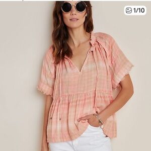 Anthropologie Peach Plaid Blouse pit to pit 24 (B3)